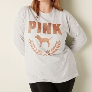Victoria's Secret PINK Shine Long Sleeve Campus Tee Grey w Glitter Logo L NEW